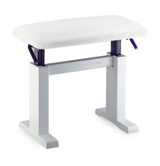 STAGG HIGHGLOSS WHITE HYDRAULIC PIANO BENCH WITH FIREPROOF WHITE VINYL TOP