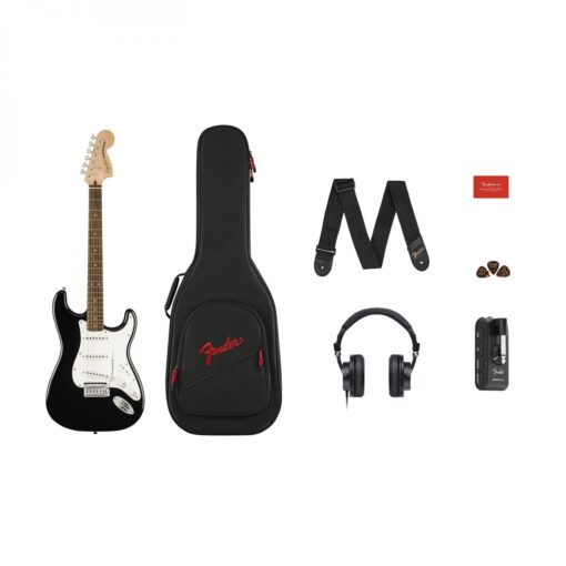 SQUIER AFFINITY STRATOCASTER MUSTANG MICRO PACK WITH GIG BAG AND HEADPHONES, BLACK