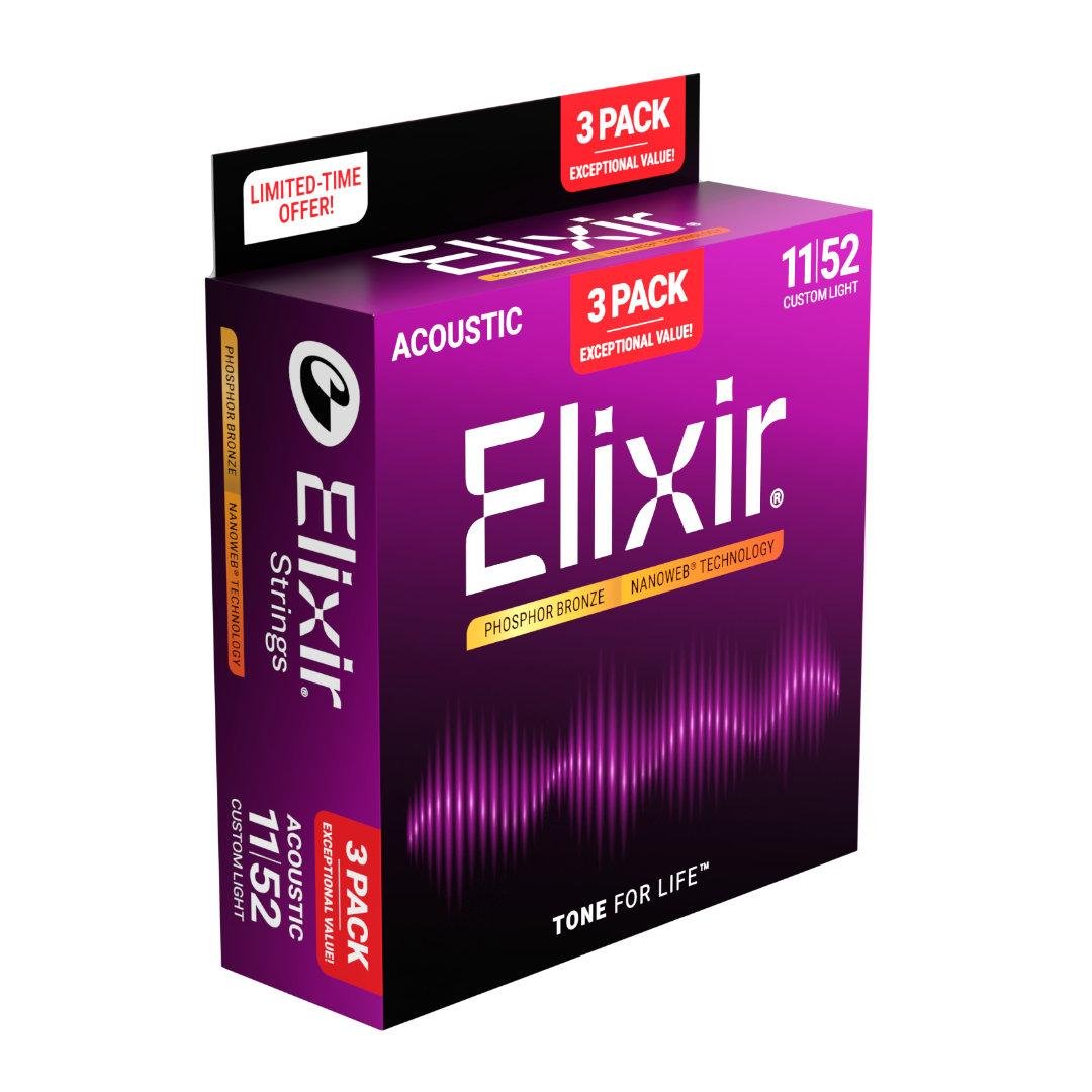 ELIXIR CUSTOM LIGHT PHOSPHOR BRONZE NANOWEB ACOUSTIC GUITAR STRINGS, 3-PACK 11-52